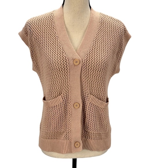 Alfani Great Escape Button Front V Neck Open Knit Vest - Tan - size PP (XSP) - Picture 1 of 10
